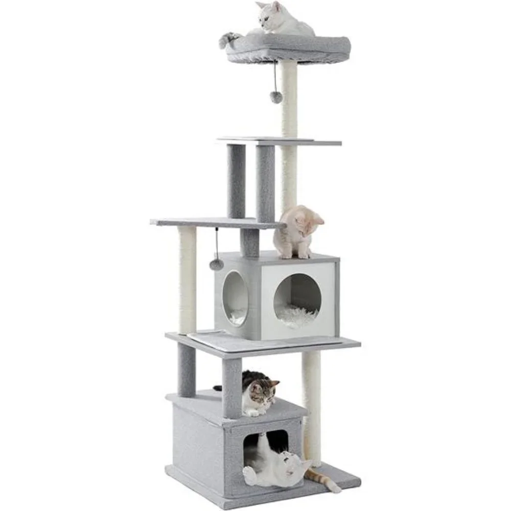 Modern Cat Tower, Wood Cat Tree with Scratch Post and Top Perch Bed, 20 Lbs